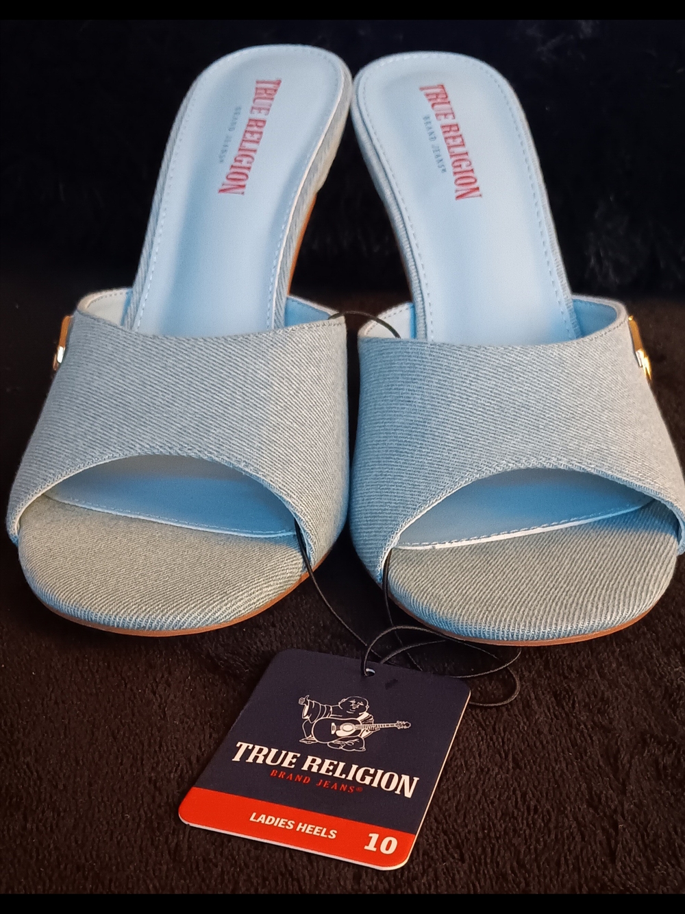 True Religion Blue Denim Slip-On Kitten Heel Mules Womens Size 10 New With Tags
